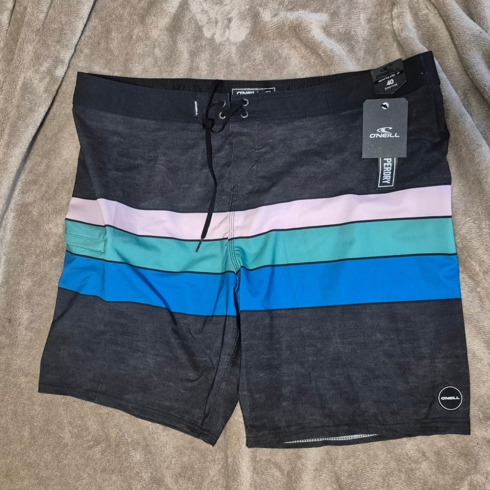 O'Neill Hyperfreak Heist Line Board Shorts Men 40 Black Grey Striped SP2106008